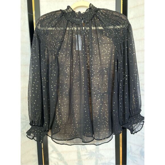 LOFT Black Sheer Metallic Dot Smocked Ruffle Blouse NWT Women’s M - Picture 4 of 9